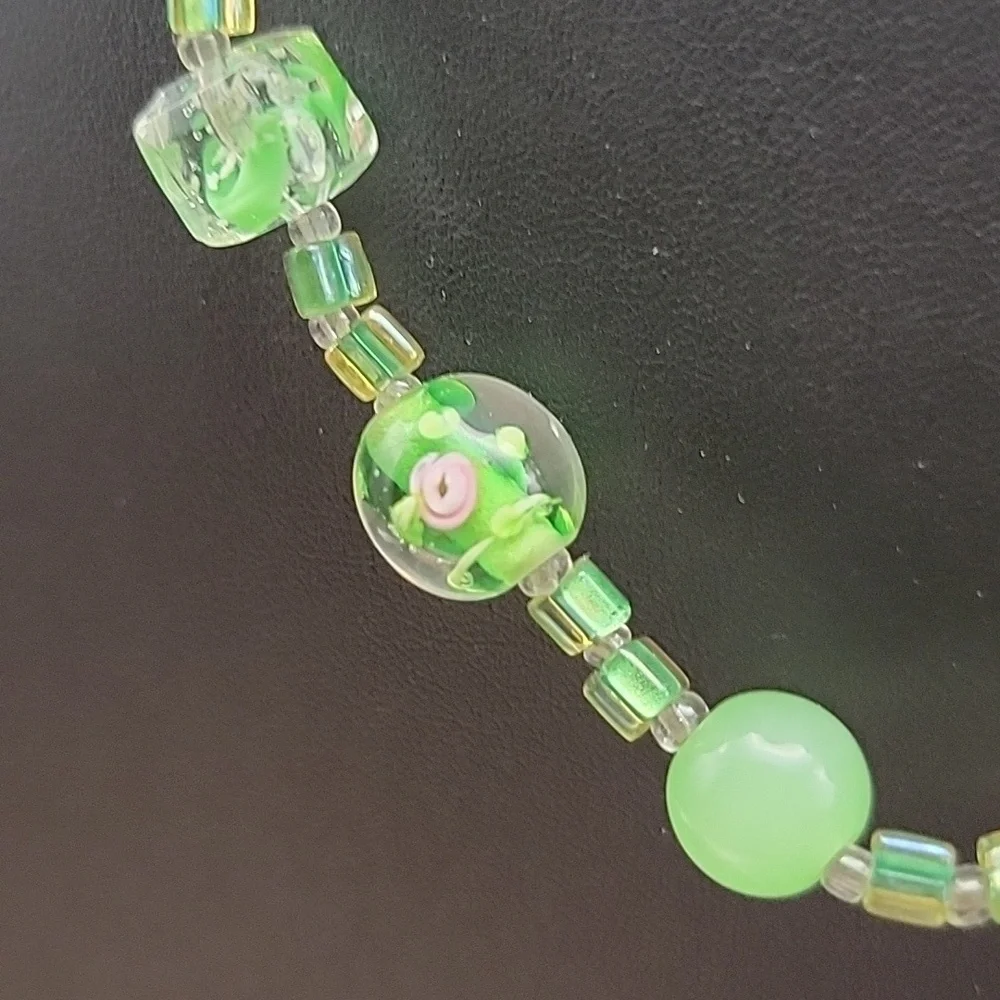 Unique Handmade Vibrant Green Art Glass Faceted Round Necklace and Bracelet Set